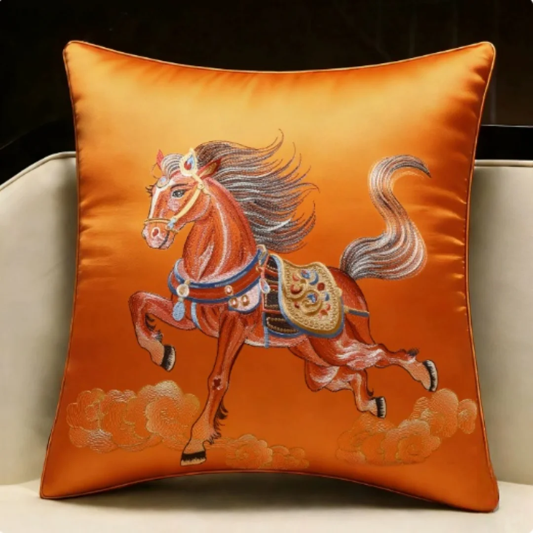 2026 Horse Year Throw Cushion Cover Pillowcase for Sofa Living Room New Chinese-style Embroidery Backrest Cushion Lumbar Sup