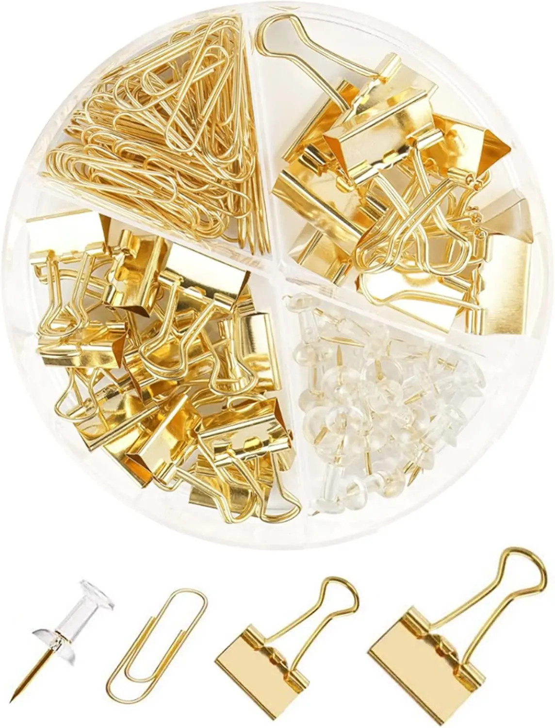 

Gold Binder Clips and Paper Clips Set, Assorted Sizes, Push Pins Included, Office Supplies