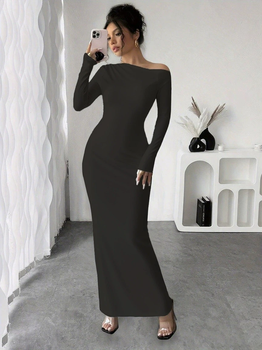 

Long-sleeved figure-hugging bodycon dress sexy Autumn new style individual solid color trendy elegant high-waist