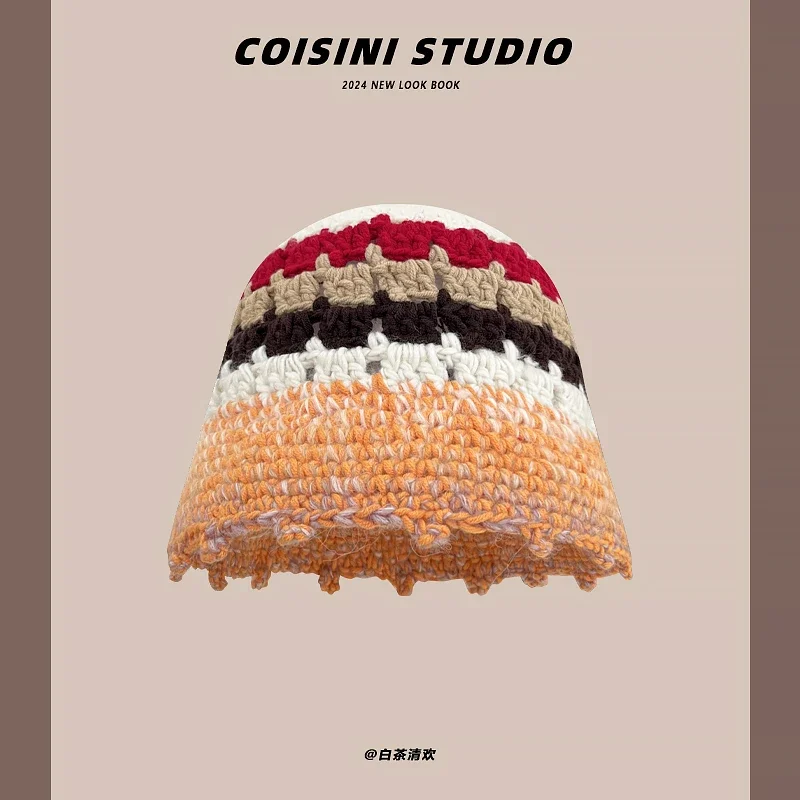 Korean Literary Stripes Gradual Change Knitted Basin Hat Outdoor Autumn and Winter Warm Contrasting Color Versatile Bucket Cap