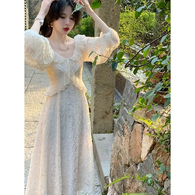 

Women Long Sleeve A-line Autumn Chic Long Dress Autumn Solid Party Holiday Ruffed Dresses Femme Vintage Versatile Skirts C335