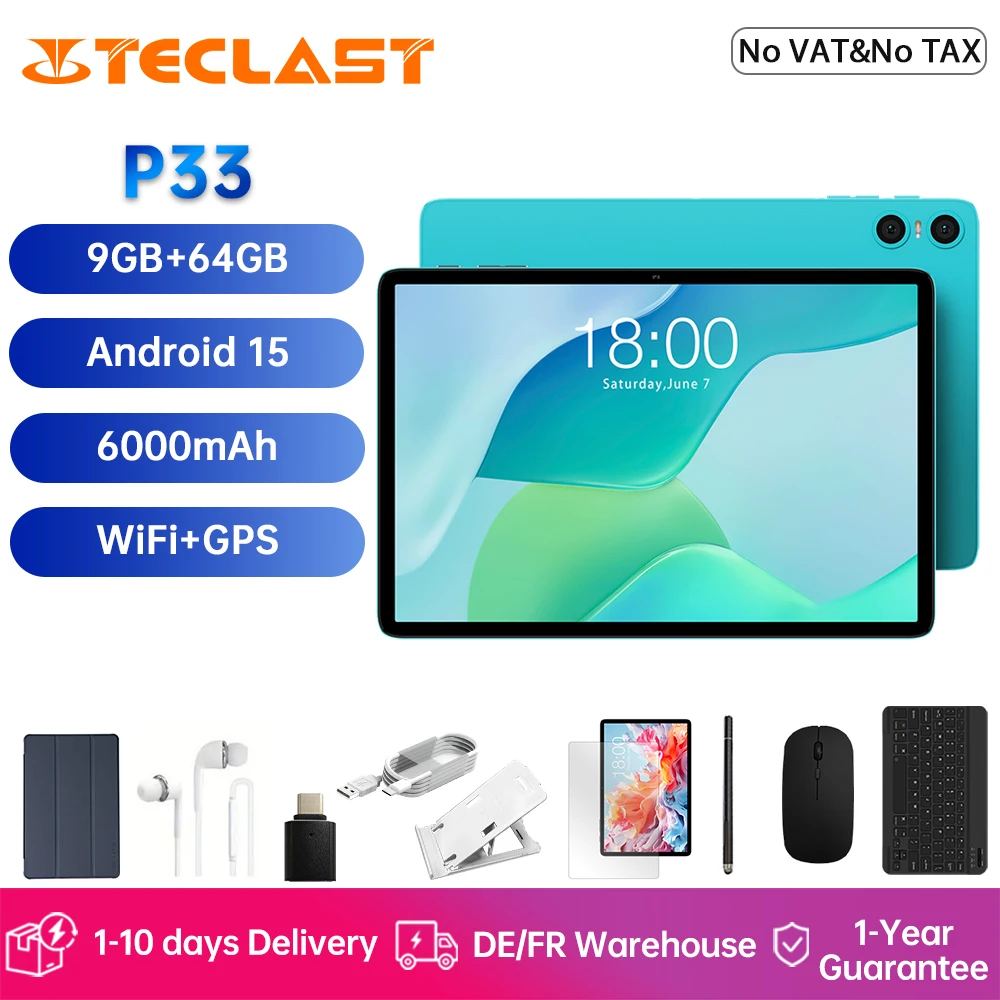 Teclast P33 10,1 inch tablet Android 15 9GB RAM (3GB+6GB) 64GB ROM A333 5-core Dual-Band WiFi BT5.0 GPS 6000mAh Type-C
