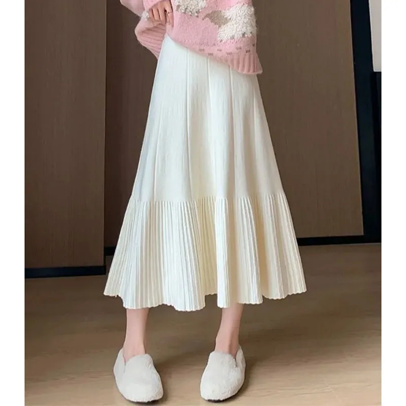 

Korean Women High Waist Knitting A-line Long Skirts Spring Ladies Casual Pleated Fishtail Skirt Autumn Female Knitted Maxi Skirt