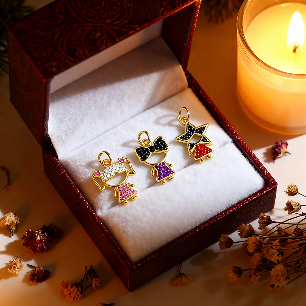 

2Pcs Pendants Brass Cubic Zirconia Cartoon Girl Charms DIY Jewelry Cute Doll Charms for Women Men Jewelry Making Accessories