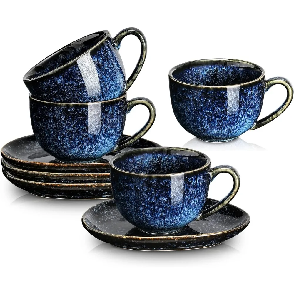 

6.5 oz cappuccino cups with saucers, set of 4, ceramic coffee cup for au lait, double shot, latte, cafe mocha, tea (starry blue