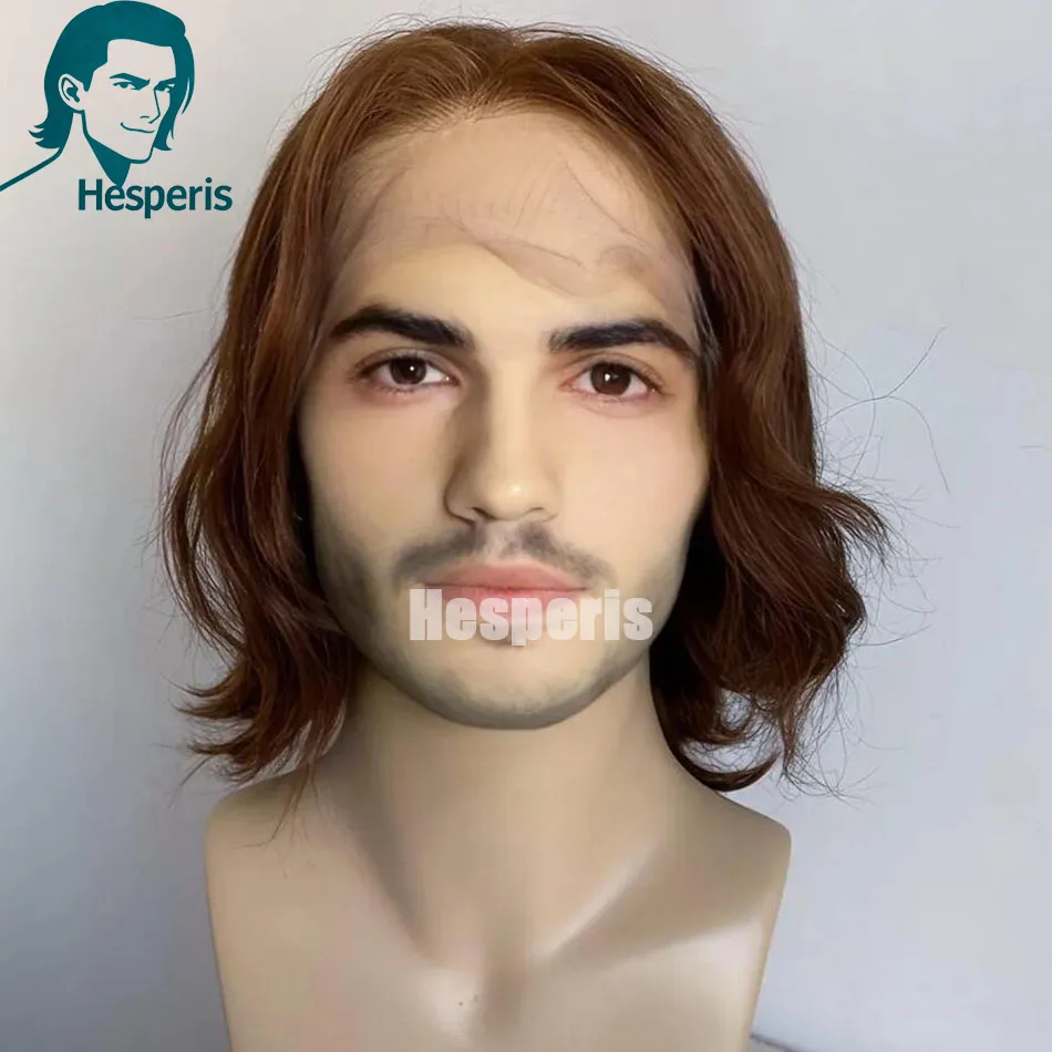 Hesperis Men Human Hair Wig Dark Brown Wig Short Curly Curtain Bangs Lace Front Wig For Male Middle PartCosplay Human Hair Wig