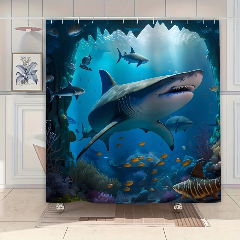 

Waterproof Shark Ocean Shower Curtain Tropical Sea Life Mural Decor Bathroom Curtain Aquatic Jungle Print 180x180cm Home Luxury