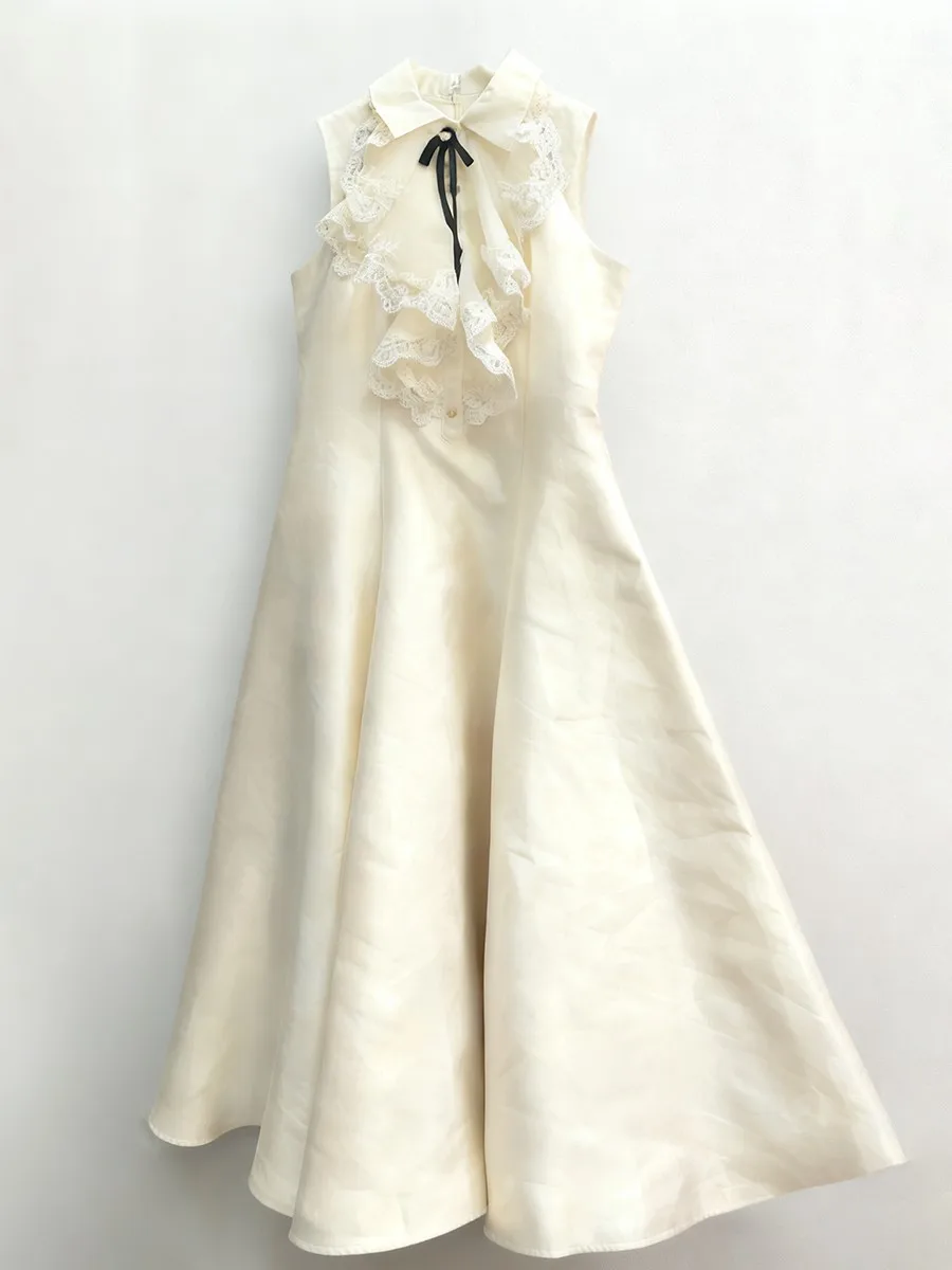 TWOTWINSTYLE エレガントなスリムフィット、レースを組み合わせたロングドレス、女性用、襟付きノースリーブ、ハイウエスト、パッチワーク、蝶結びドレス、女性用新作