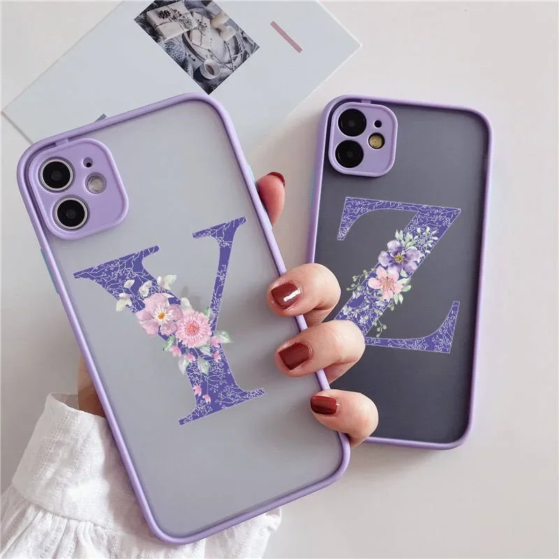 Retro Purple Flower Letter Clear Phone Case For iPhone 17 16 15 14 Pro Max Plus Shockproof Hard Transparent Back Cover Fundas