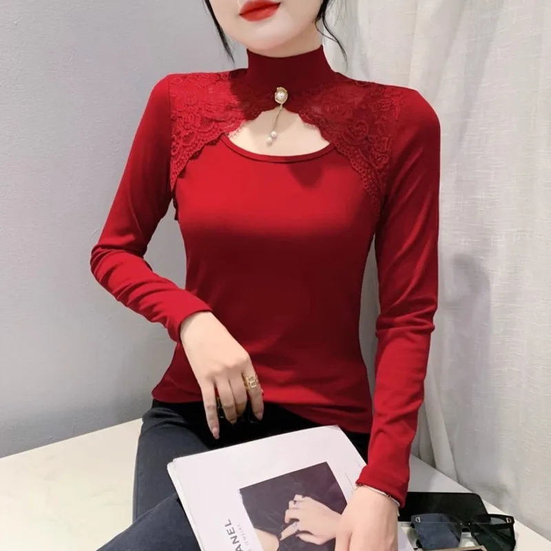 #8050 Black Red Pink Turtleneck T Shirt Women Hollow Out Sexy Vintage Skinny T Shirt Long Sleeve Spliced Lace Women's Tee Shirt