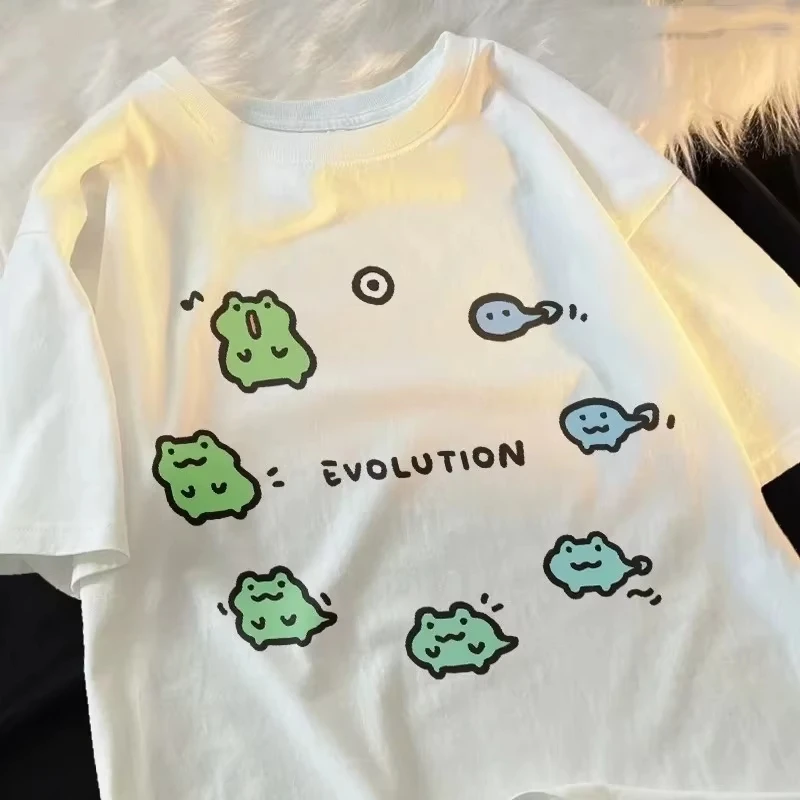 2026 New Frog Evolution Print Women's T-Shirt Japanese Retro Streetwear Casual Fashion Summer Tee Vi