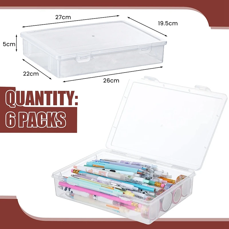 6 Pcs 11In x 8In x 2In Plastic Storage Box with Lid Multipurpose Craft Organizer Plastic Containers Clear Pencil Case-A46I