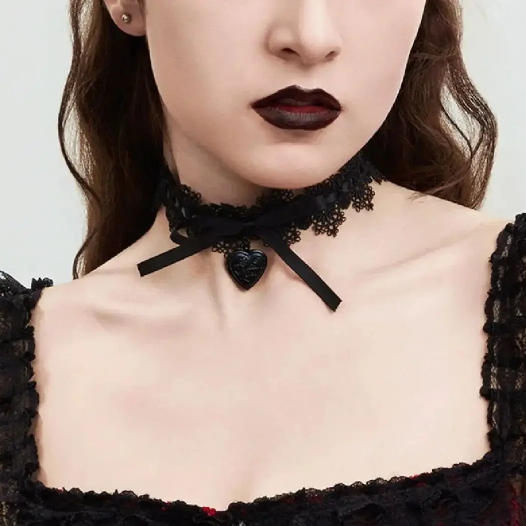 SHIXIN Halloween Black Bowknot Lace Choker Necklace for Women Gothic Love Heart Cross Pendant Necklace Y2K Festival Dress Up