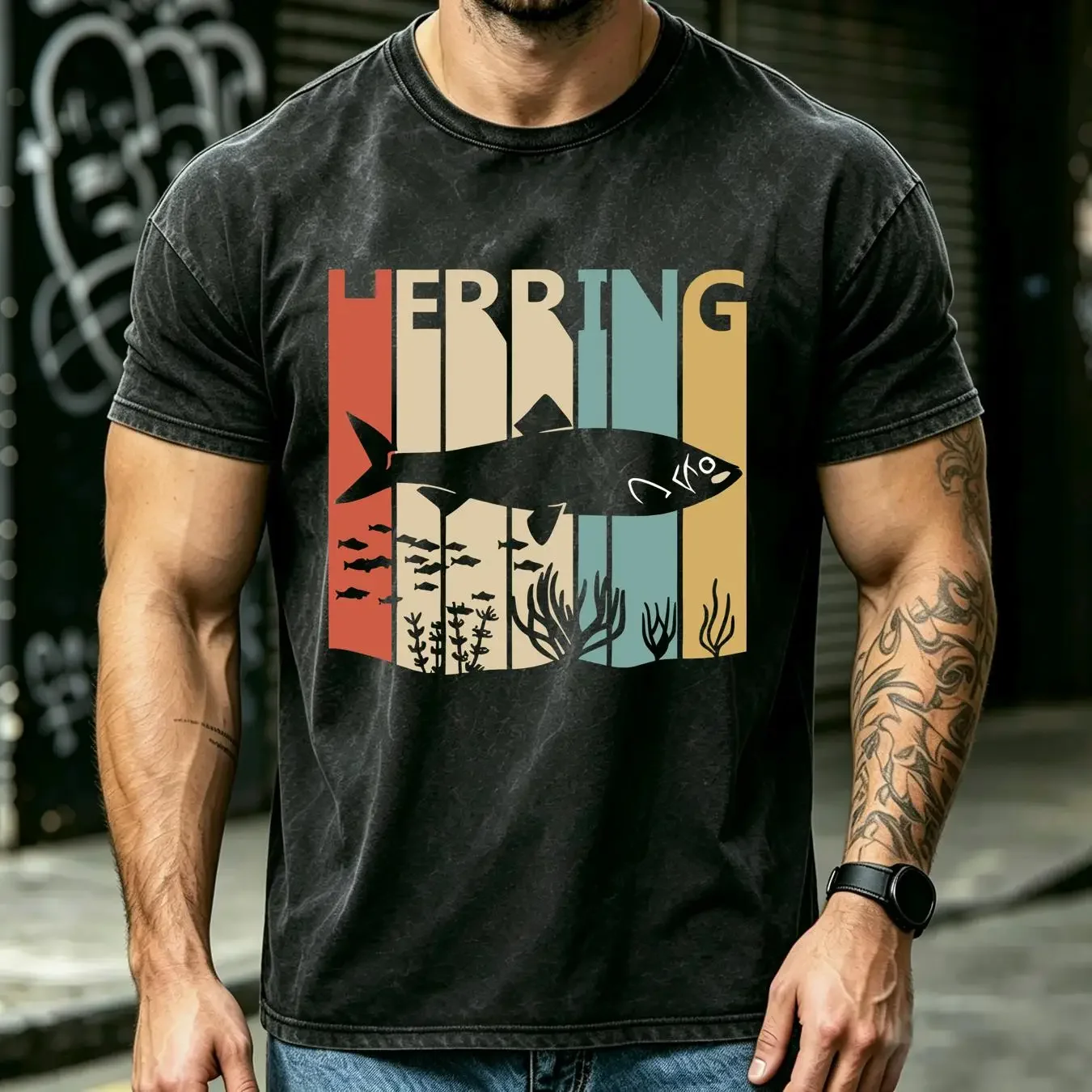 washed T Shirt Herring Fish Trophy fishing  vintage Washed Slightly Breathable Casual streetwear Stretched designer clothes