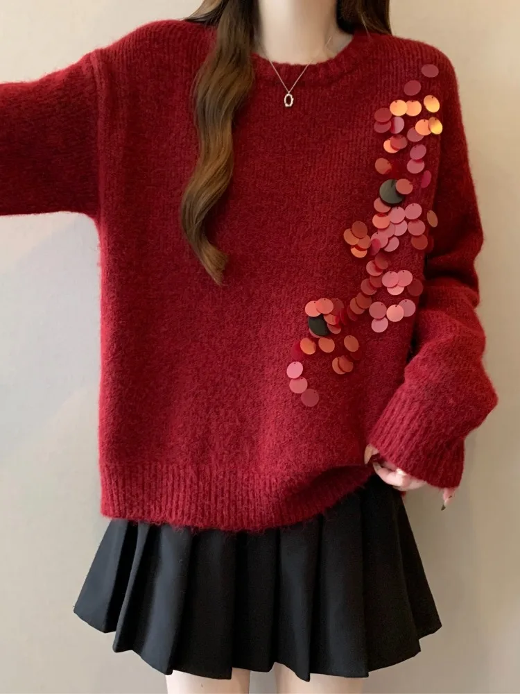 Ele Rode Gebreide Trui Dames Lente Herfst Winter Grote Maat Heldere Pailletten Top Faionable Oulder Dames Knitwear