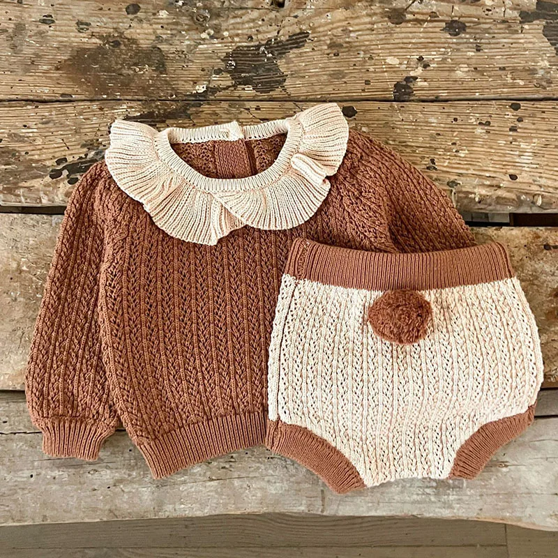 2024 New Autumn Korean Style Toddler Baby Girl Clothes Suit Long Sleeved Knitted Pullover+Shorts Newborn Baby Girls Clothing Set