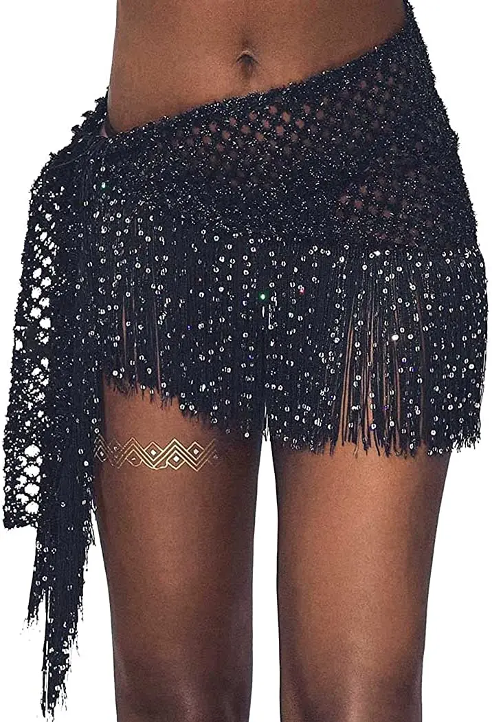 Women Belly Dance Hip Skirt Sequins Tassel Hip Wrap Scarf Beach Party Stage Show Costume