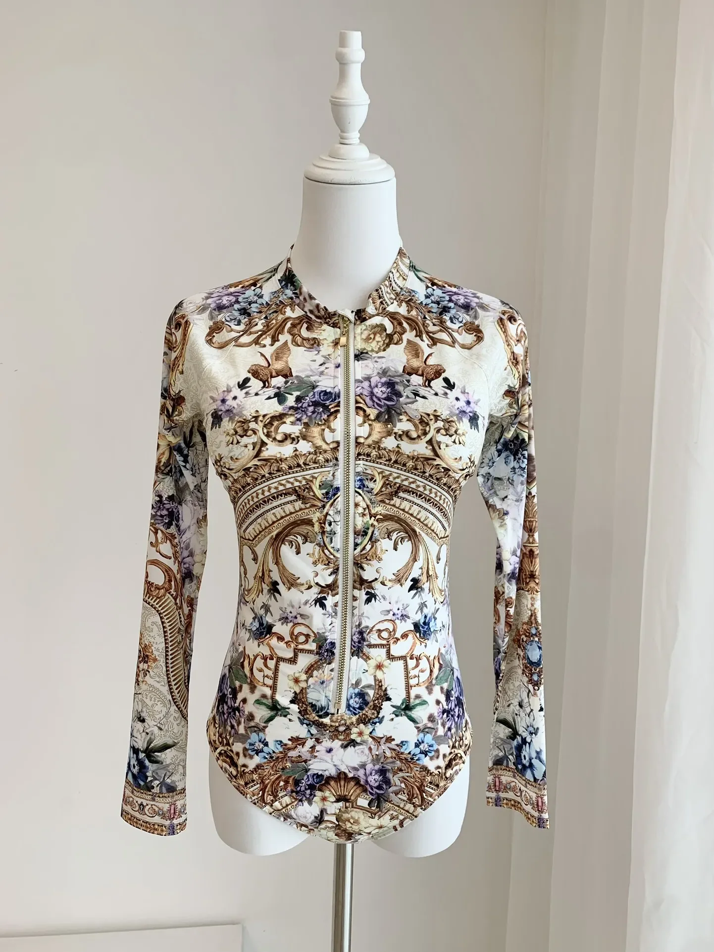 

Women Beaded Floral Printed O-Neck Long Sleeve Zipper Elegant Female Playsuits