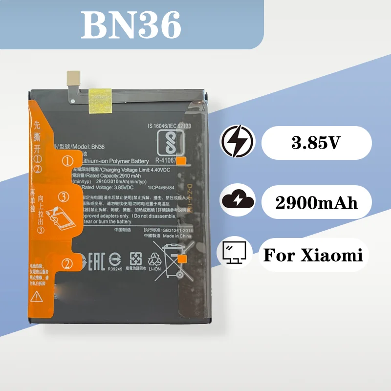 

2910mAh 3.8V Li Polymer Battery Compatible with Redmi 6x BN36 Xiaomi Mobile Phone High Capacity Version
