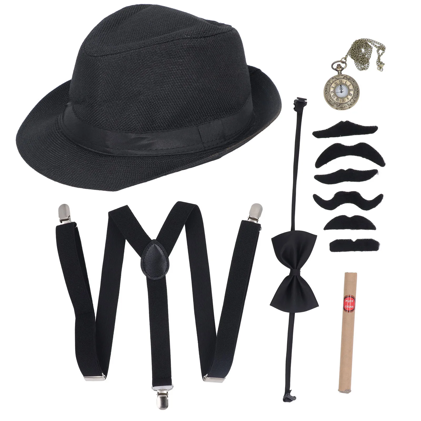 ZK40 1920S Grandpa Old Man Costume Set with Hat Pocket Watch Fake Cigar Suspenders Beard Bow Tie 100 Days School Costume for kid