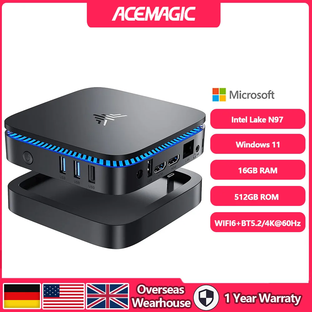 ACEMAGIC AK1 Plus Mini PC Intel Lake N97 16GB DDR4 RAM 512GB SSD ROM WiFi6 BT5.2 Support 4K UHD Desktop Computers