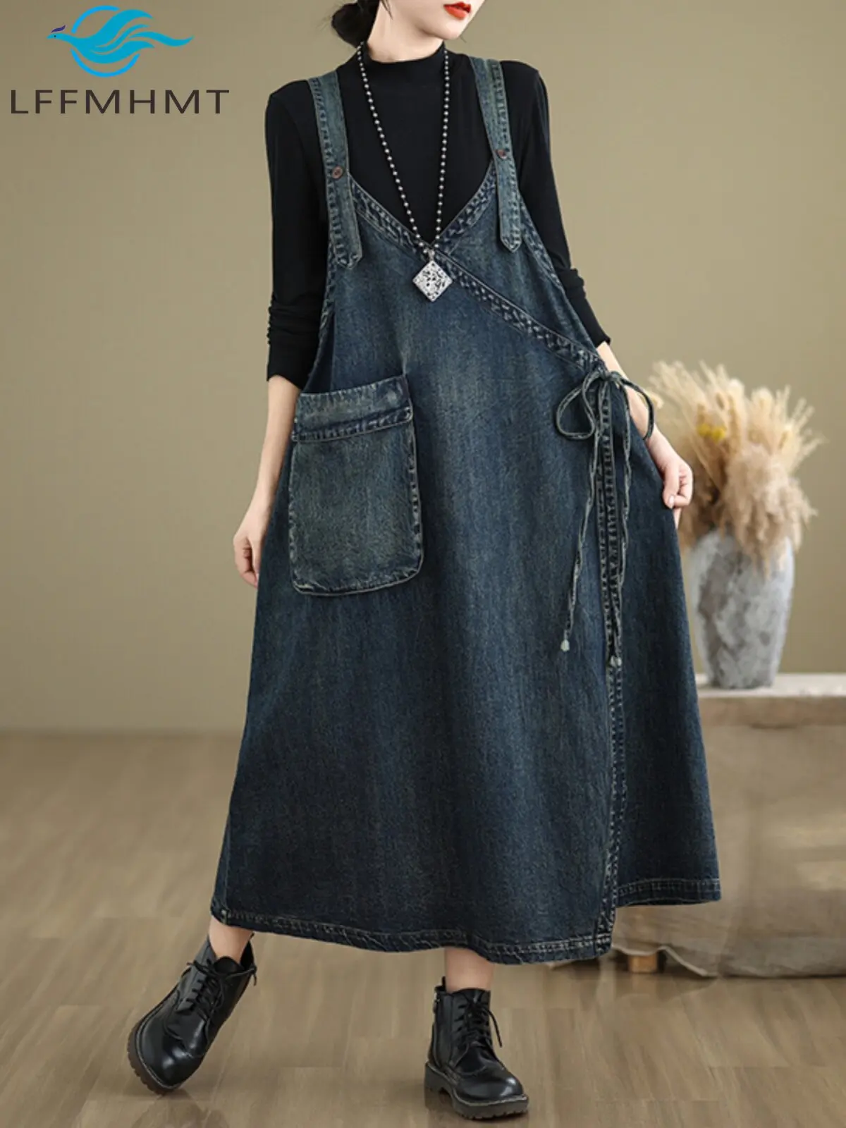Women V-Neck A Line Suspender Denim Dress Loose Casual Long Overall Dress with Pocket Spring Autumn Loose Fit Casual Jean Dress