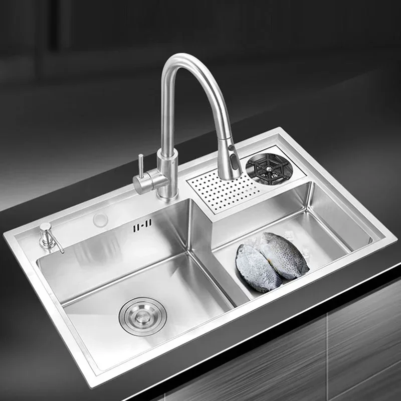 

Large Stainless Steel Kitchen Sink Brushed 3 Hole Large Single Sink Luxury Kitchen Steps Cup Rinse Step Sink Silver Step Bar
