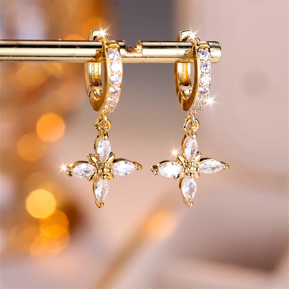 Female Cute Star Flower Hoop Earrings Luxury Crystal White Zircon Cross Earrings For Women Vintage Gold Color Engagement Jewelry