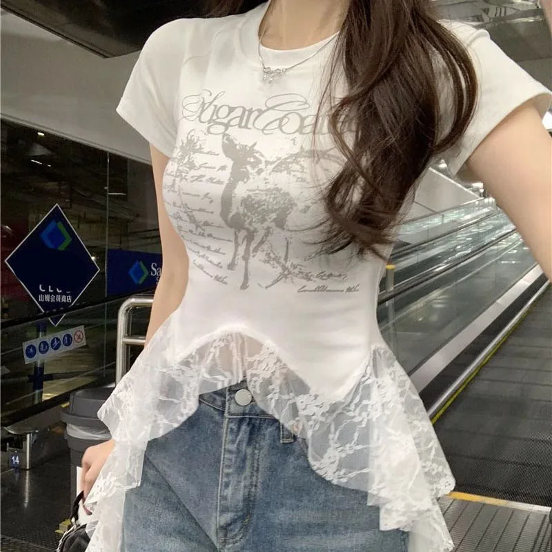Fashion Lace Patchwork Asymmetrical T-Shirt Women Streetwear Y2K Letter Printed Crop Tops Summer Round Collar Short Sleeve Tees