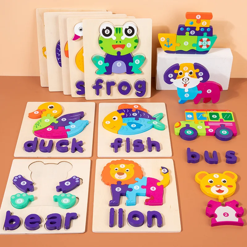 Vowel Letter Stereoscopic Jigsaw Puzzle Wooden Animal Pattern Board Matching Puzzle Montessori Educational Learning Toys