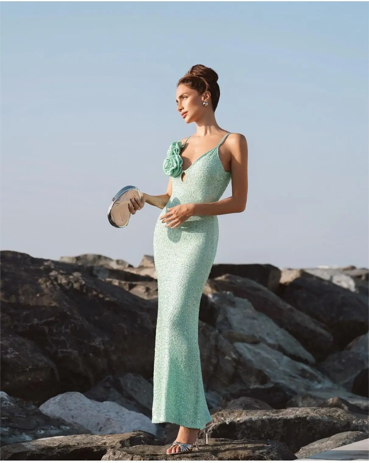 Elegant and stylish summer mint green sequin halter dress, perfect for evening events, island vacations, and resort wear