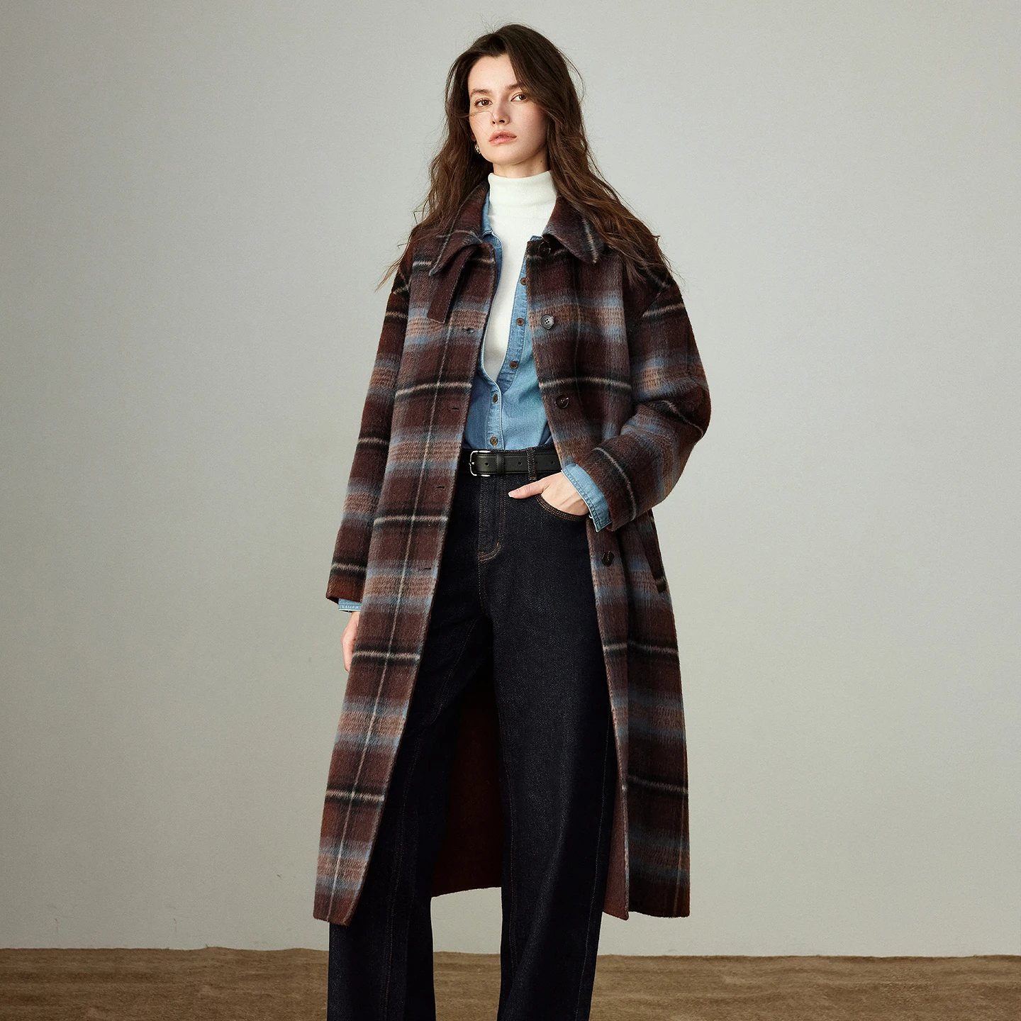 TOYOUTH Women Woolen Coat 2025 Winter New Sheep Wool Plaid Turn Down Collar Office Lady Thick Long Coat