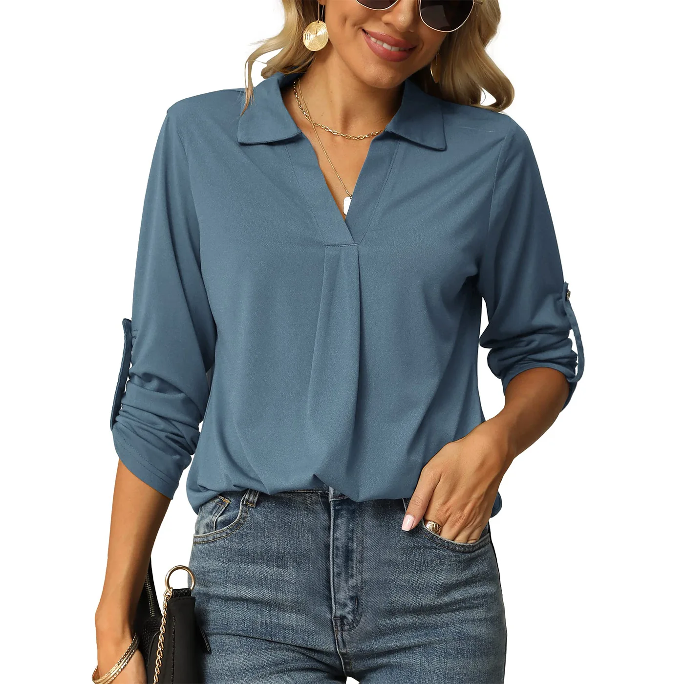 2024 Spring Summer Women's Tops Elastic Shirt V-neck Long Sleeved Top Warm T-shirt female Commuting style shirt women's clothing