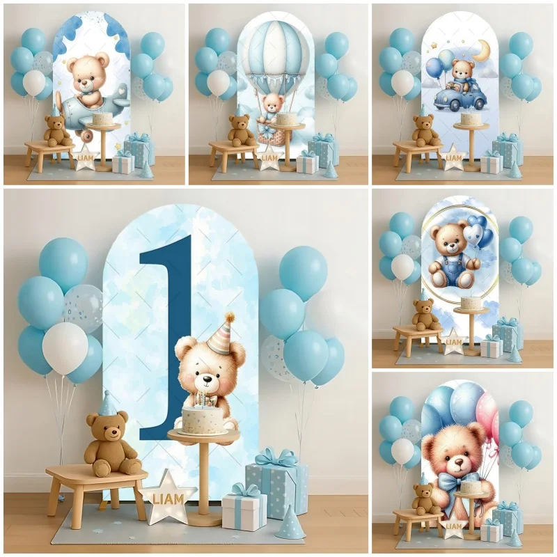Arche de fond extensible pour 1er anniversaire d'enfant, motif ours en peluche et montgolfière bleue, pour décoration de fête de baby shower