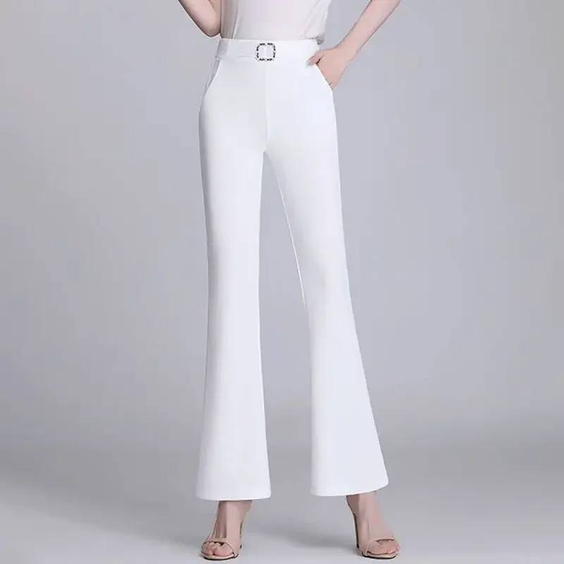 

Korean Simple Suit Pants Women Elastic High Waist Solid Stripe Pockets Spring Autumn Fashion Casual Versatile Flare Pants Z222