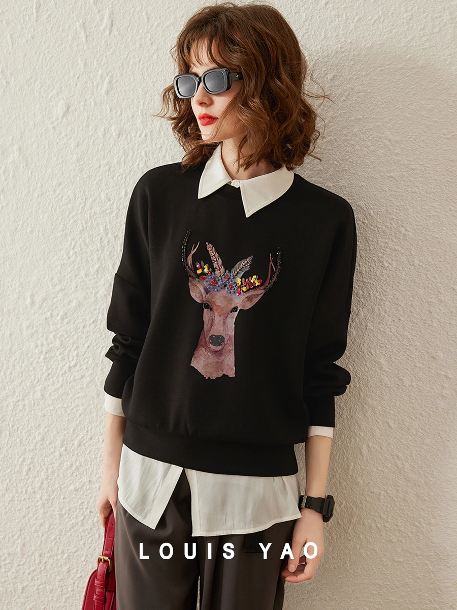 LOUIS YAO Women Hoodies 2024 New Sweatshirt Deer Print Bead Long Sleeve O Neck Loose Casual Cute Versatile Pullover Women's Top