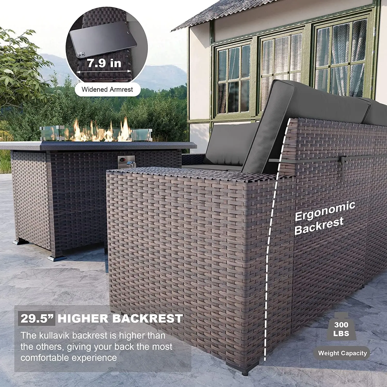 10PCS Outdoor Patio Furniture Set,PE Wicker Rattan Sectional Sofa Patio Conversation Sets with 43" 55000BTU Gas Propane Fire Pit