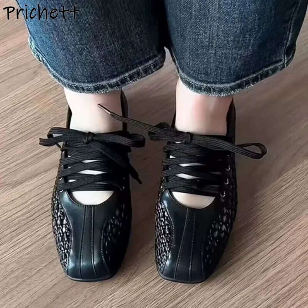 Weave Hollow Ballet Pumps Flat Square Toe Silvery Black Solid Cross Tied Lace Up Shoes Women's Summer Breathable Leisure Shoes