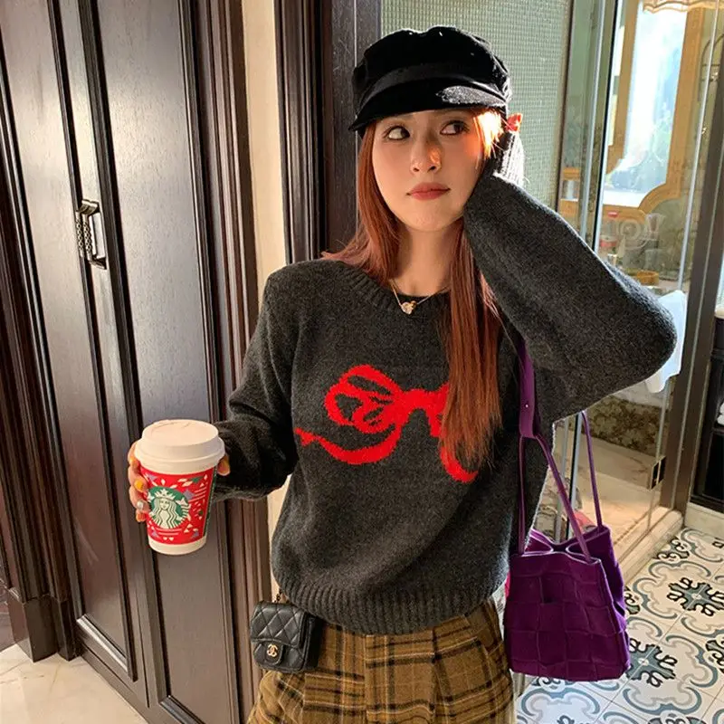 Women Autumn Winter Vintage Fashion Loose Bow O-neck Long Sleeve Knitwear Women Clothes Office Lady All-match Temperament Tops