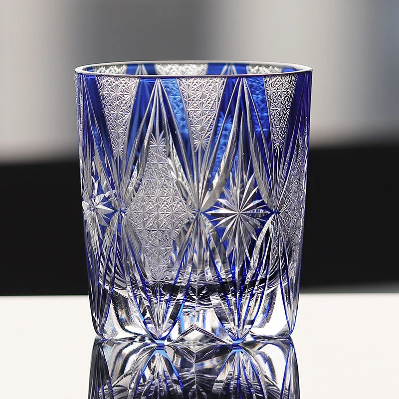 240ml Blue Color Crystal Glass Hand Cut Floral Patterns Japanese Edo Kiriko Glass Whisky Glass Cup Offer Dropshipping