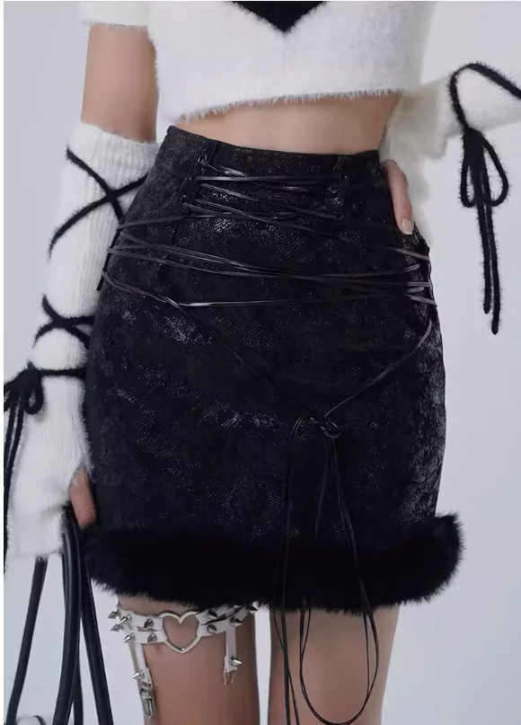 Herfst Winter Nieuwe Mode Lace-up Sexy Veelzijdige Straat Leren Rok Persoonlijkheid Meisje Hoge Taille A-lijn Effen Kleur Punk Rokken