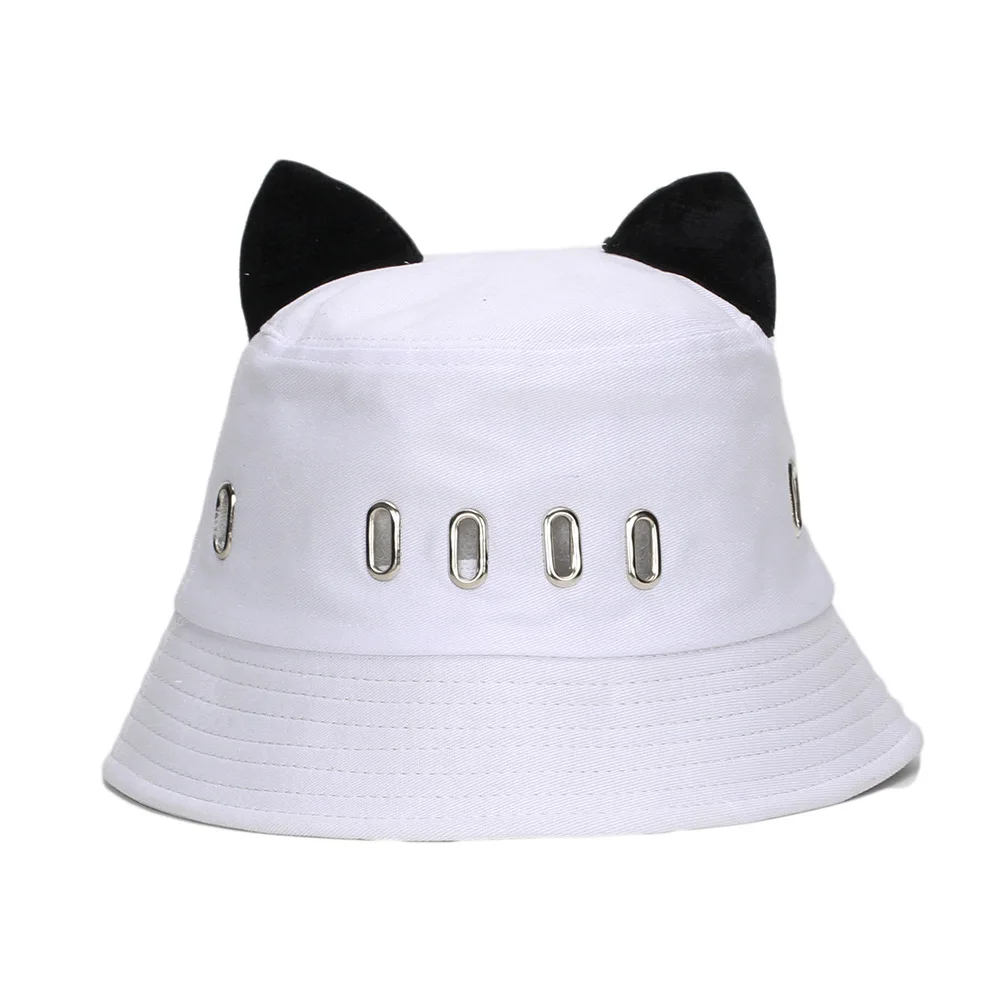 New Cute Cat Ears Fisherman Hat Women Casual Metal Ring Sun Cap Unisex Black Punk Bucket Hat Bob Outdoor Street Hip Hop Bonnets