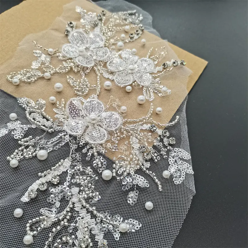 1 Pair of Embroidered Lace Flower Patches with Sequins and Beads for Evening Dress Front Decoration Stage Dance Costume Supplies