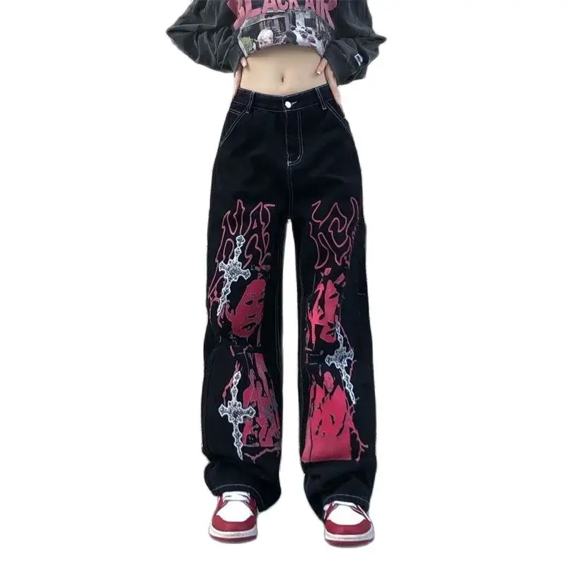 Jeans Printing Hip Hop Y2K Women Black Streetwear Fashion Spring Autumn Oversize Pants Vintage Loose Straight Trousers