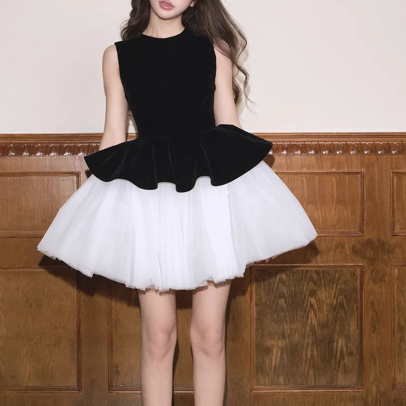

New Velvet Patchwork Mesh Dresses Spring Women Sleeveless Tank Ball Gown Dress Summer High Waist Pullover Big Swing Mini Dress