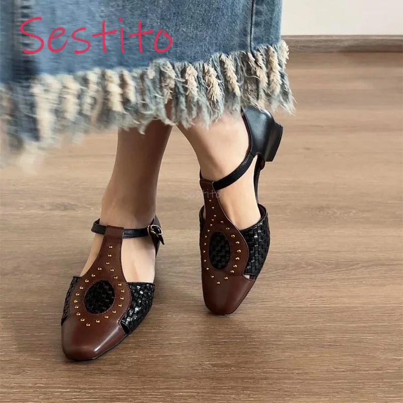 

Baotou Sandals Retro Hollow Weaving Square Head Hollow Shallow Mouth Single Shoes Fashionable and Comfortable Flat Shoes
