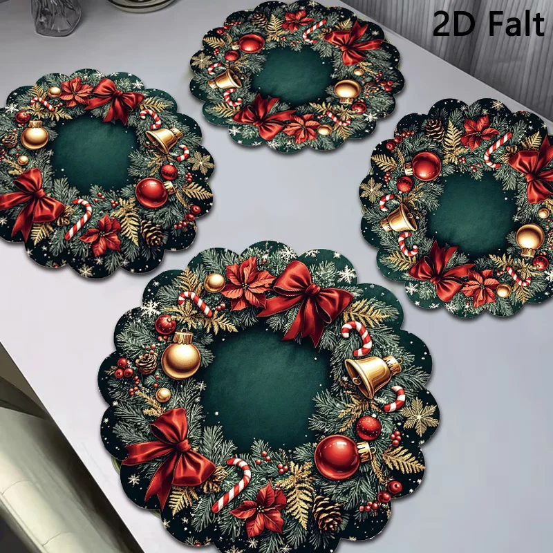 4/6Pcs Vintage Christmas Table Mats With Holly & Poinsettia Golden Bell Fabric Christmas Placemats For Family Party  Table Decor