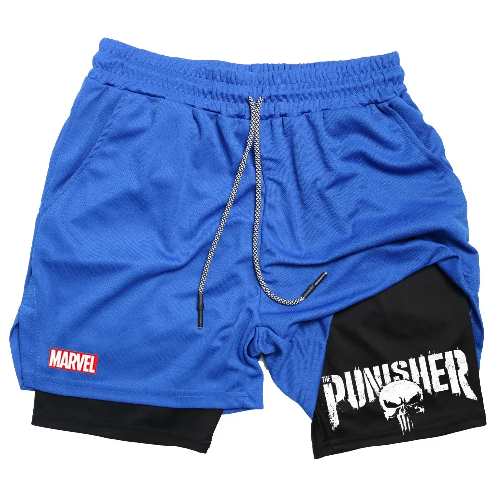 Marvel The Punisher Gym Shorts Men Fitness 2 in 1 Anime Performance Shorts Mesh Quick Dry Athletics Short Pants Summer Male