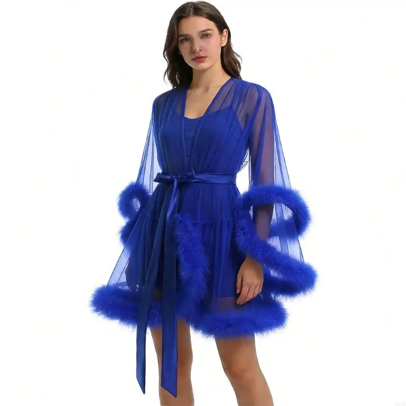 See Through Bathrobe Nightgown for Women Sheer Mesh Faux Furs Trim Long Sleeve Lingerie Kimono Robe with Satins Sash Belt 