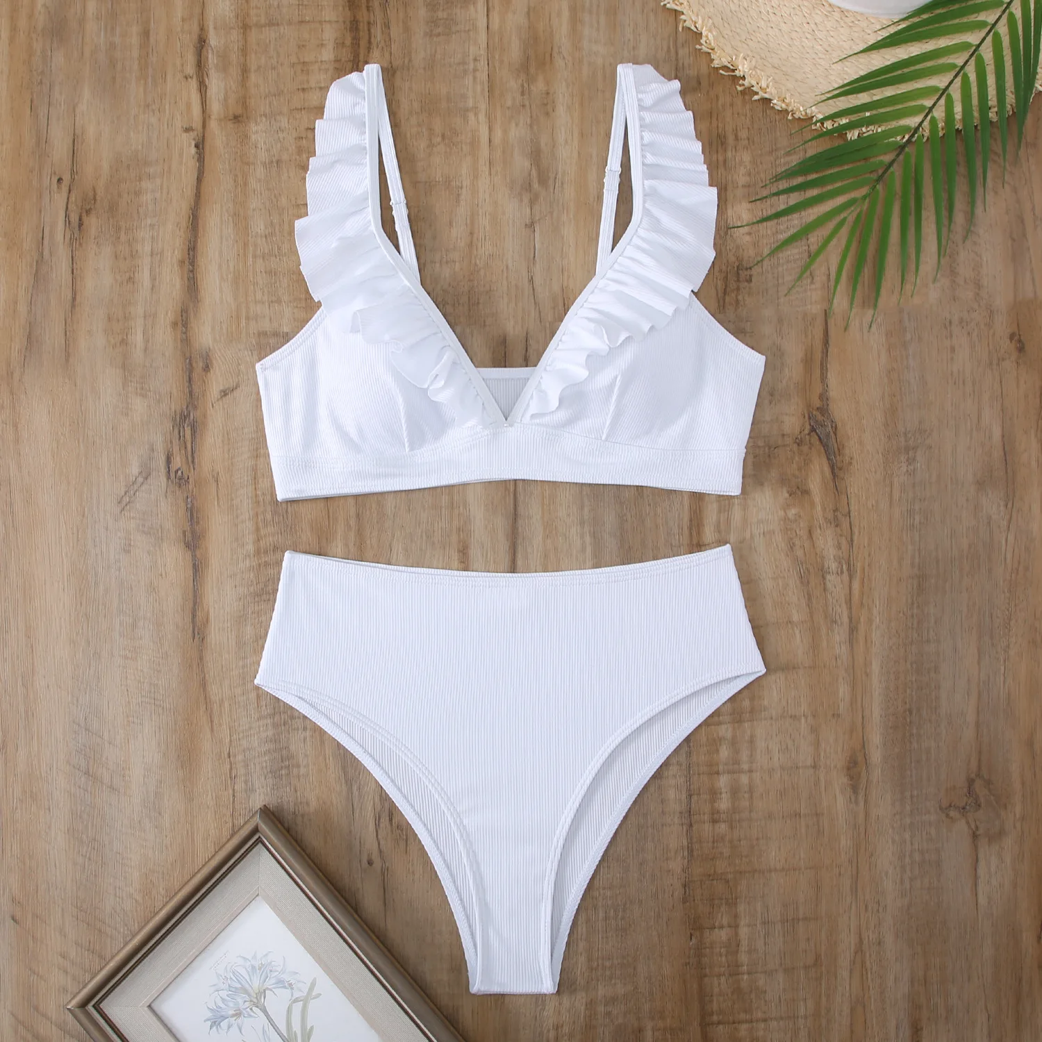 

Women White Waffle Knit Bikini Ruffle Strap Top High Waist Bottom 2 Piece Swimsuit